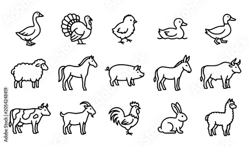 Konstfotografi Farm Livestock Line Art Vector Icon Set with Poultry and Domestic Animals