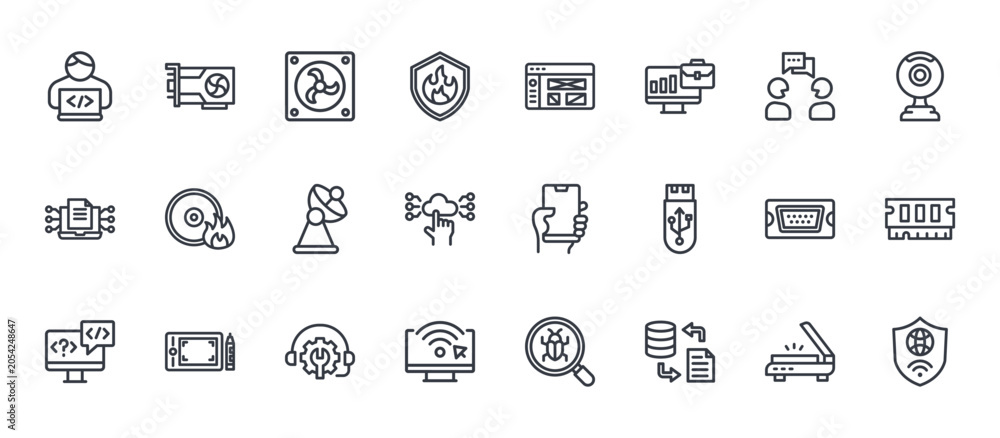 Fototapeta premium 24 outline Information Technology web icons such as scanner, internet, vga, cd burning, wireframe. Thin vector symbols for report, presentation, web design and mobile app