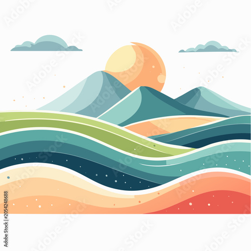 Abstract Landscape with Mountains, Sun, and Waves