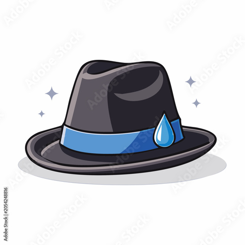 Cartoon Fedora Hat with Blue Band and Water Droplet