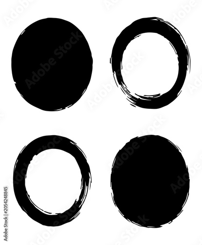 Abstract Four circle Brush Stroke Set Vector Illustration Hand-Painted Artistic Ink Brush Marks Collection with Bold Grunge Texture, Modern Minimalist Design Elements Isolated on White Background.