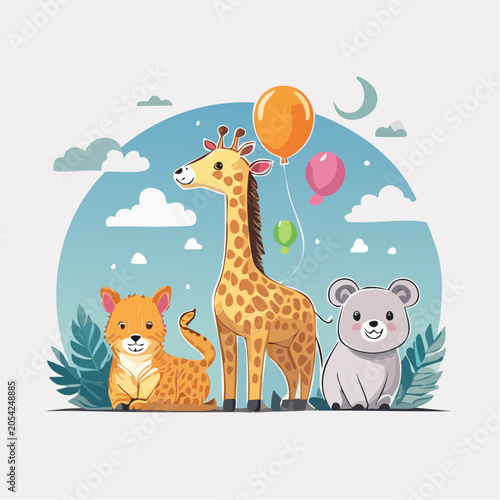 Cute Cartoon Animals with Balloons and Clouds