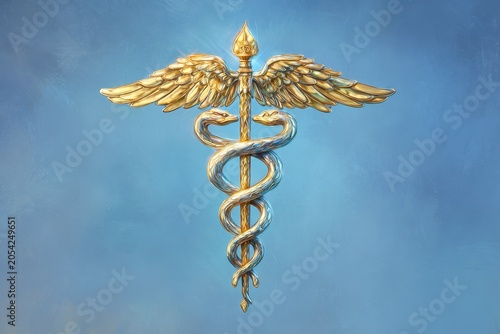 Stylized medical caduceus symbol with winged staff in gold and silver on a blue gradient