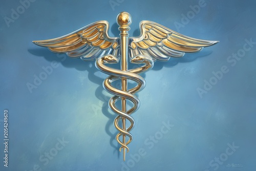 Stylized medical caduceus symbol with winged staff in gold and silver on a blue gradient