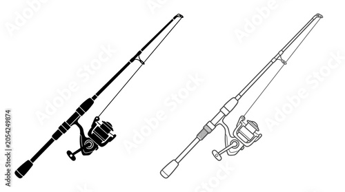 Fishing Rod And Reel Line Art Black And White Illustration