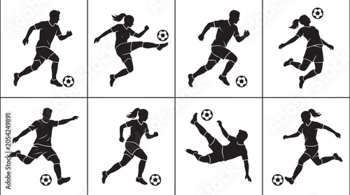 Fotografie Black silhouette soccer player and female player kicking ball