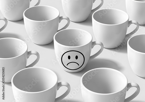 Collection of White Ceramic Coffee Mugs with One Sad Face Mug in Center.