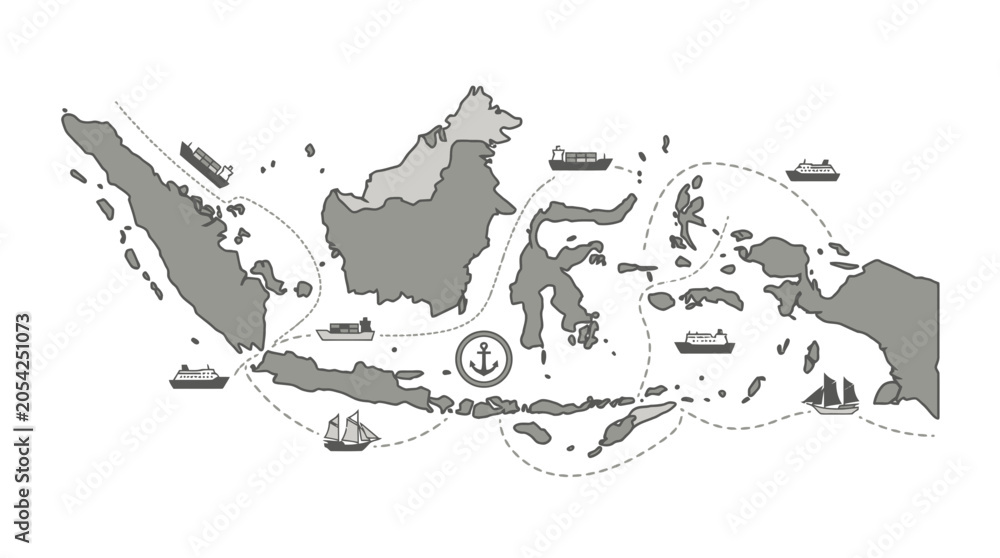 Obraz premium Indonesia Map with Ships and Anchor Icon - Maritime Shipping Routes