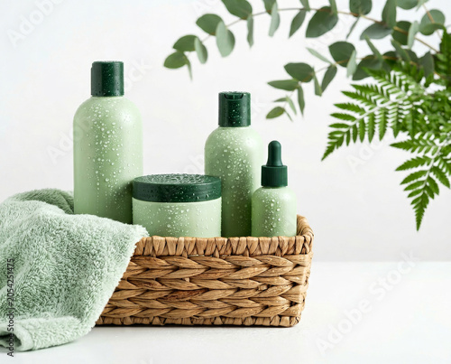Um conjunto de embalagens sem rótulos, de produtos para cabelos, na cor verde claro com tampa verde escuro, dentro de uma cesta de vime, com galhos com folhas verdes ao fundo. Fundo infinito branco.