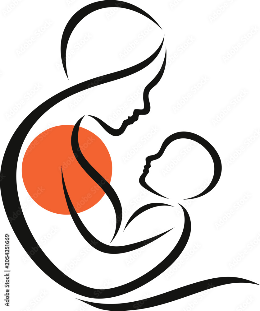 Obraz premium Caregiver holding newborn baby silhouette line art minimalist vector illustration