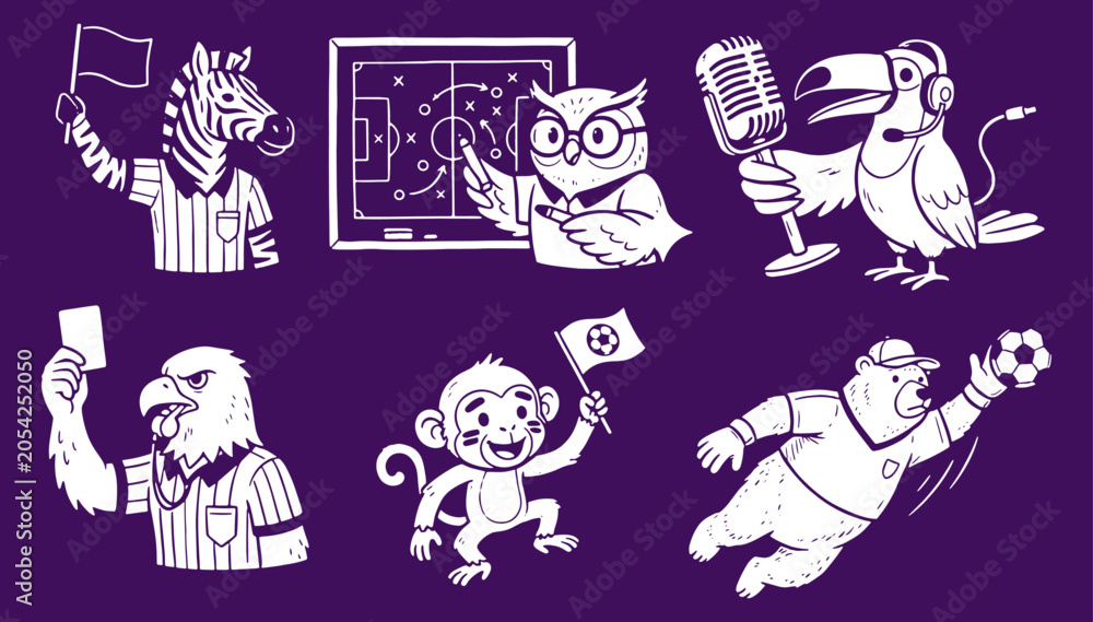Αυτοκόλλητο Hand-Drawn Soccer Cartoon Animal Mascot Character Set for Sports Branding