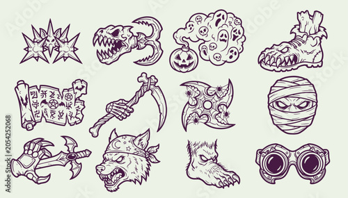Halloween Horror Sketch Icons and Spooky Monster Line Art Vector Collection