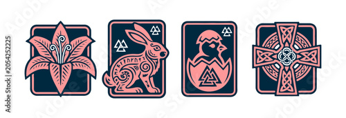 Fotografie Nordic Style Easter and Ostara Icon Set with Rabbit Lily Chick and Celtic Cross
