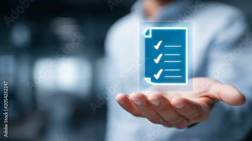 Digital Checkmark List in Hand, Technology, Modern Business Concept