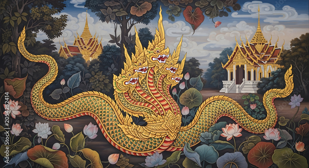 Fototapeta premium Intricate Dragon Artwork Surrounding Ornate Temples