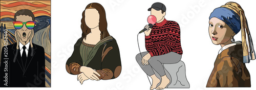 Εκτύπωση καμβά Pop Art Classical Masterpiece Painting Vector Set Featuring Parody Mona Lisa, Sc