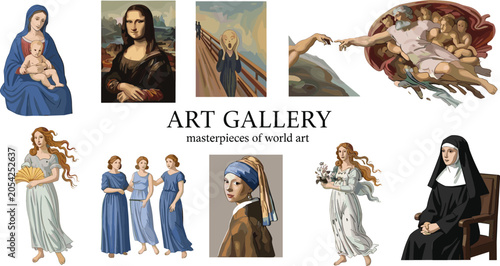 Φωτογραφία Classical Art Gallery Masterpiece Vector Set Featuring Mona Lisa, The Scream, Gi