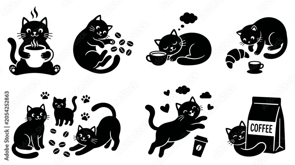 Fototapeta premium Cute Black Cat and Coffee Cafe Illustration Set – Kawaii Cartoon Kitty Characters with Coffee Cups, Coffee Beans, Pastry and Cafe Elements for Branding, Stickers and Merchandise Design
