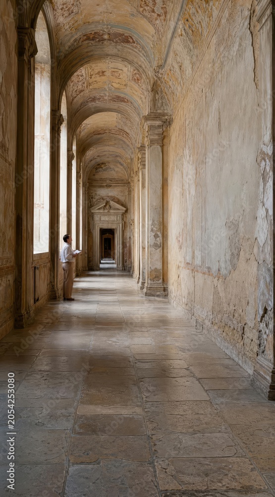 Obraz premium Architectural conservator in historic hallway with copy space