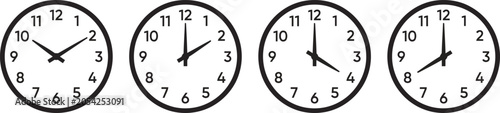 Four Black Wall Clocks With Different Times Silhouette Style
