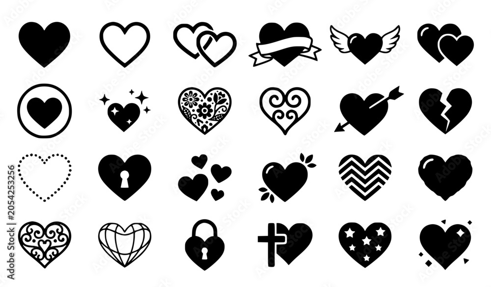Fototapeta premium Black and White Heart Silhouette Icon Set with Love and Romantic Symbol Collection