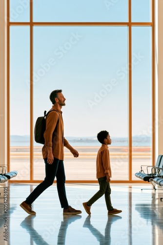 Father and son walking together through a bright airport terminal before a family trip