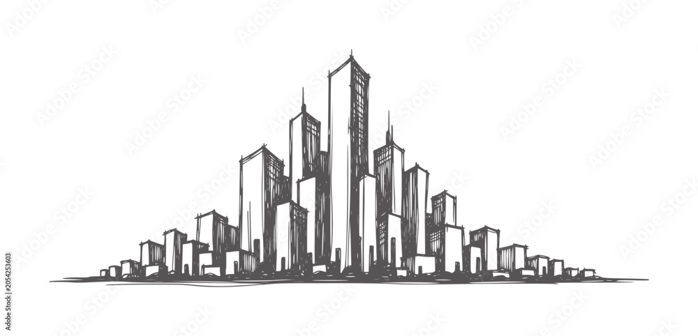 Obraz premium Hand drawn dark gray city skyline with varied height skyscrapers buildings urban