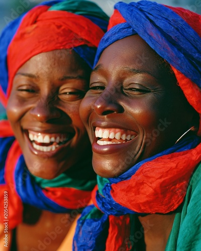 Two Haitian women wearing vibrant headscarves in national colors share a joyful moment while cheering at an outdoor soccer match. Two female fans from Haiti dressed in colorful