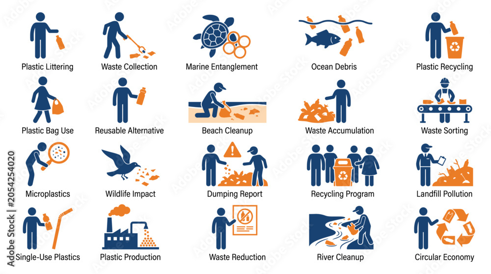 Fototapeta premium Plastic Pollution Stick Figure Icons with Plastic Waste Marine, Debris Recycling and Cleanup Symbols in Blue and Orange Design