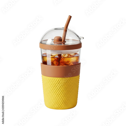 Reusable iced beverage glass cup with yellow silicone sleeve as clean cutout