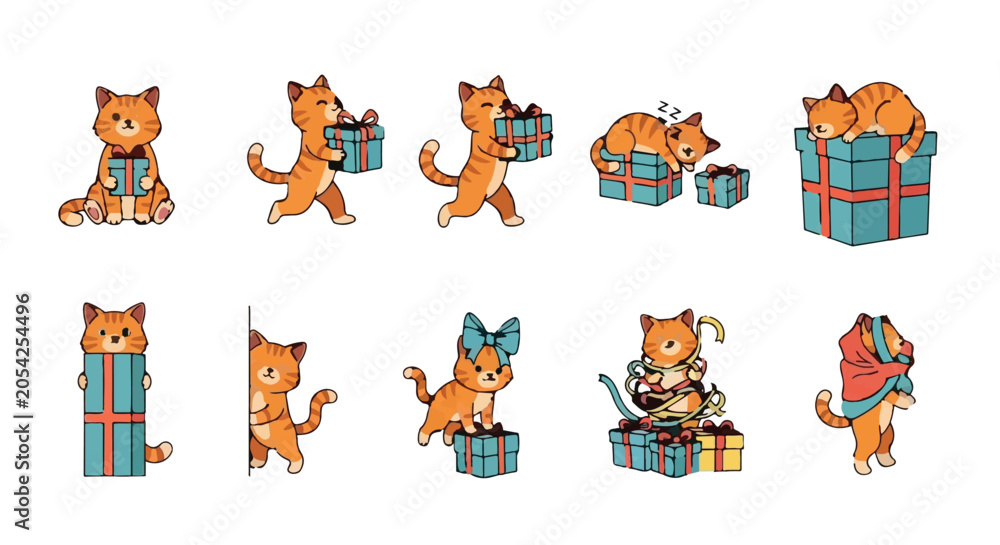 Obraz premium Playful ginger cat characters with birthday and holiday gift boxes