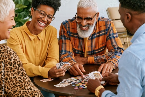 Elderly friends laughing and playing cards together during a cozy game night