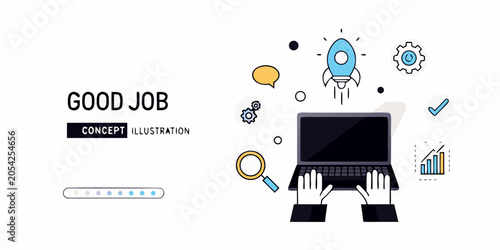 Rocket laptop and gears flat vector illustration with a white background