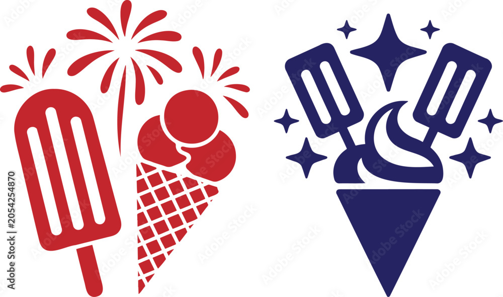 Fototapeta premium Delicious red and blue ice cream, popsicles, and ice cream cone illustrations for summer treats
