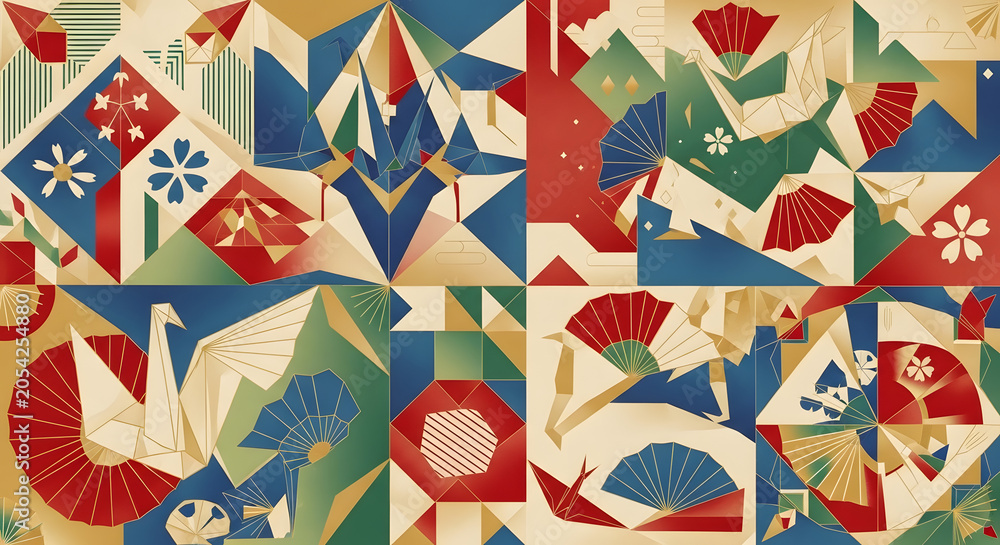 Obraz premium Vibrant Geometric Floral and Fan Art Pattern Design