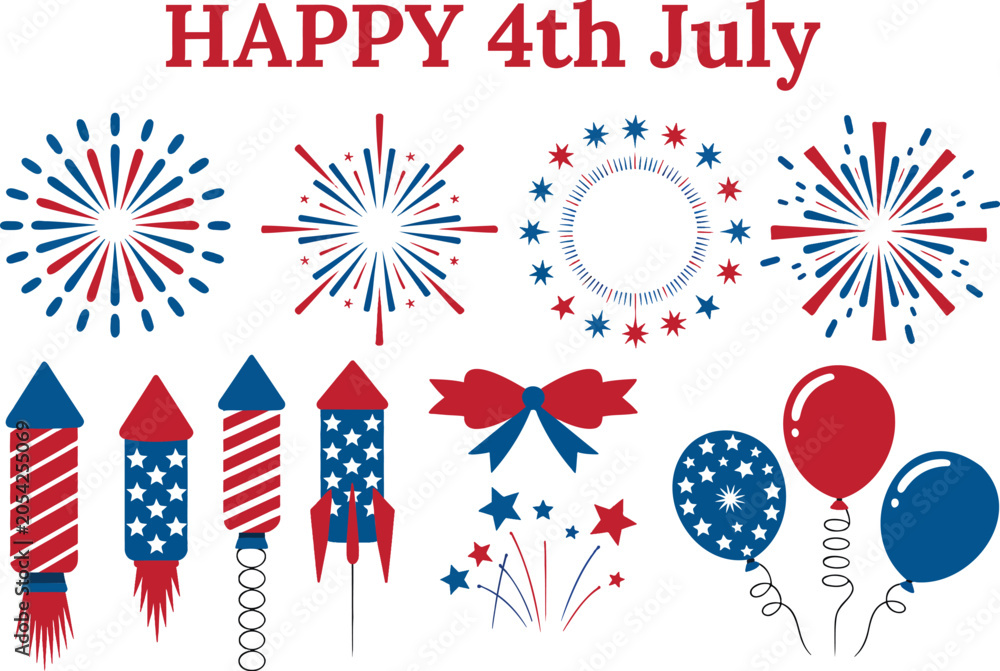 Obraz premium Festive collection of colorful Fourth of July celebration elements including fireworks rockets and balloons