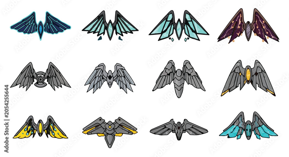 Fototapeta premium Futuristic mechanical and fantasy wings set for game characters