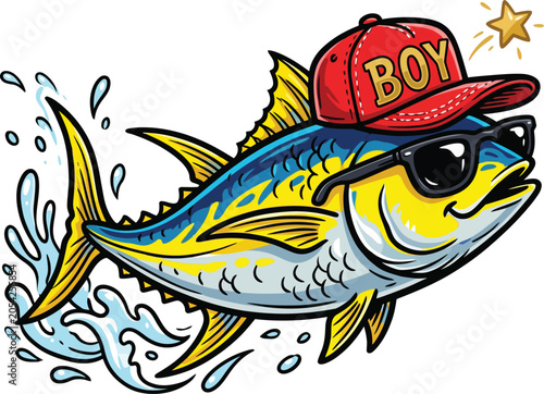Cartoon fish wearing a cap and sunglasses colorful vector illustration