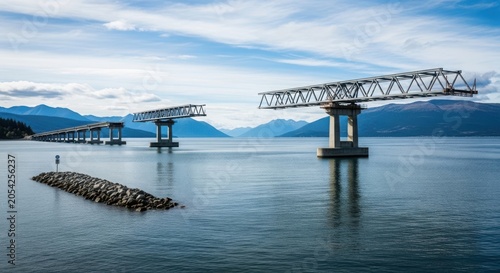 Construction of a bridge over a large lake with mountains in the background under a blue sky with clouds