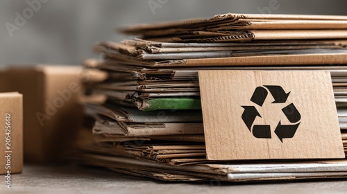 Stack of flattened cardboard boxes for recycling with recycle symbol