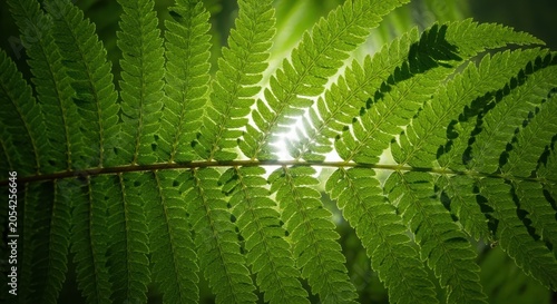 Closeup of a vibrant green fern leaf backlit by sunlight in a forest