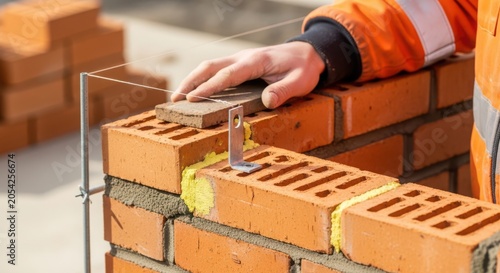 Bricklayer installing a metal wall tie and laying bricks on a construction site
