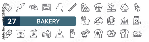Pack of 27 linear Bakery web icons such as biscuit, challah, croissant, kitchen scale, choco balls. Editable vector stroke symbols