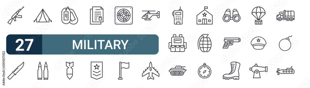 Fototapeta premium Pack of 27 linear Military web icons such as gun, knife, camp, ammunition, tag. Editable vector stroke symbols