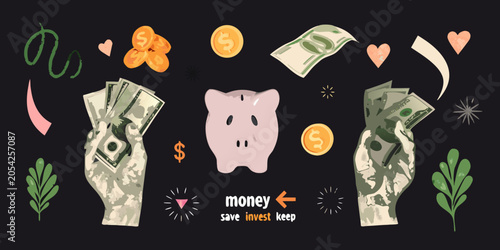 Fotografija Money Piggy Bank And Currency Illustration In Retro Pop Art Style