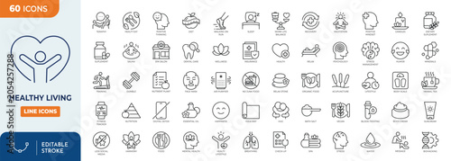 healthy living icon set. Contain icons related to healthy living, well-being, and more. Editable stroke. Vector illustration