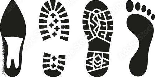 Footwear and foot silhouettes black vector graphic on white background