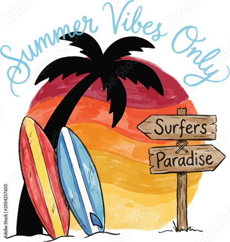 Surfboards Palm Tree And Signpost Watercolor Illustration With White Background