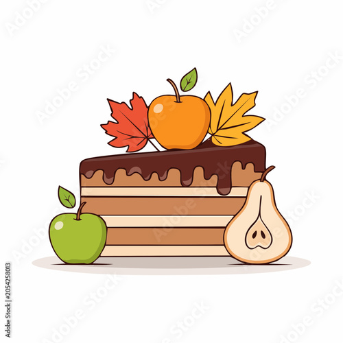 Slice of Chocolate Cake with Apples, Pear, and Autumn Leaves