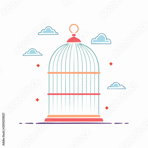 Stylized Birdcage Illustration with Clouds